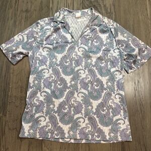 Womens‎ Vintage Paisley Print Short Sleeve Collared Shirt Top small